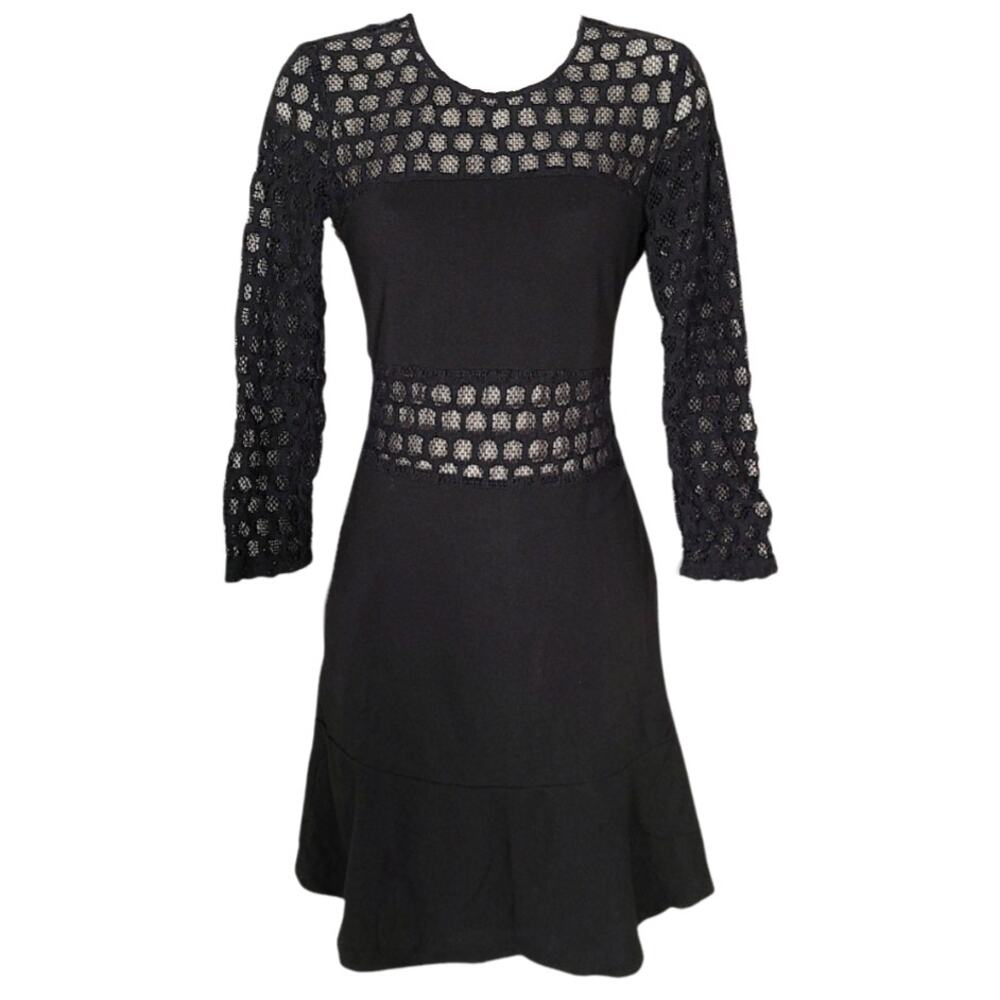 Sandro Black fishnet mesh sheer midriff fit and flair dress size 1 XS juniors